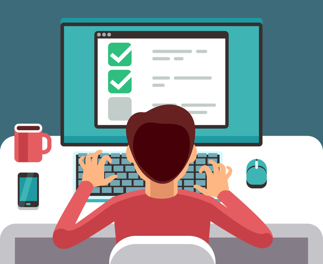 Man at computer filling online questionnaire form. Survey vector flat concept