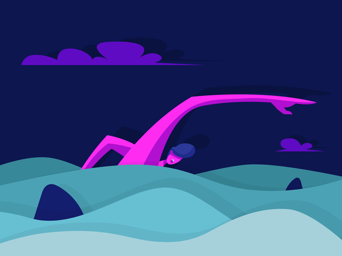 Man swims in the ocean from sharks