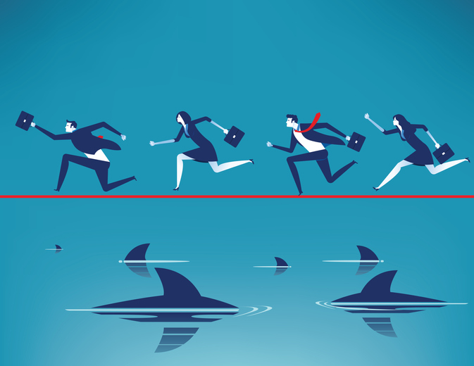 Risk. Business team running on tightrope in rope with floating predatory sharks. Concept business vector illustration.