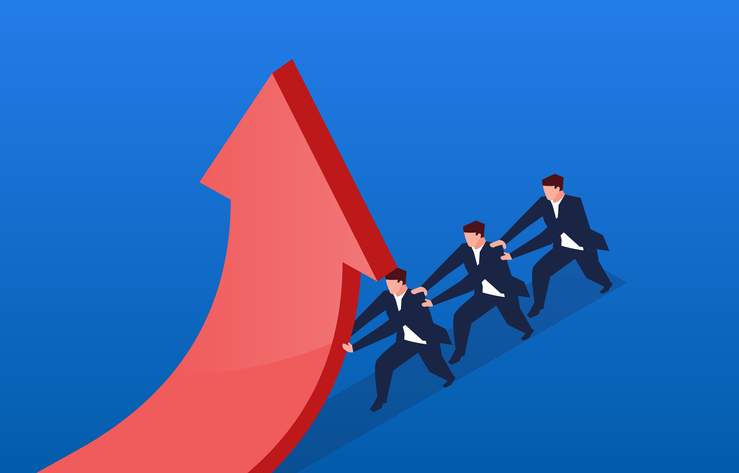 Three businessmen push arrows to change arrow direction